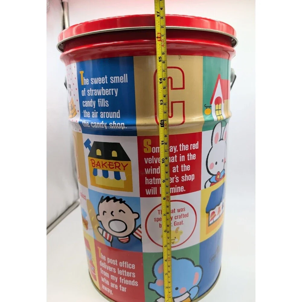 VTG Sanrio Hello Kitty Tin Bucket Pail Character Town With Handle And Lid 1990